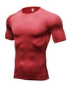 Red textured athletic compression shirt with fitted design for active wear
