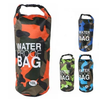 Camouflage waterproof dry bag in orange, blue, and green, durable material, roll-top closure