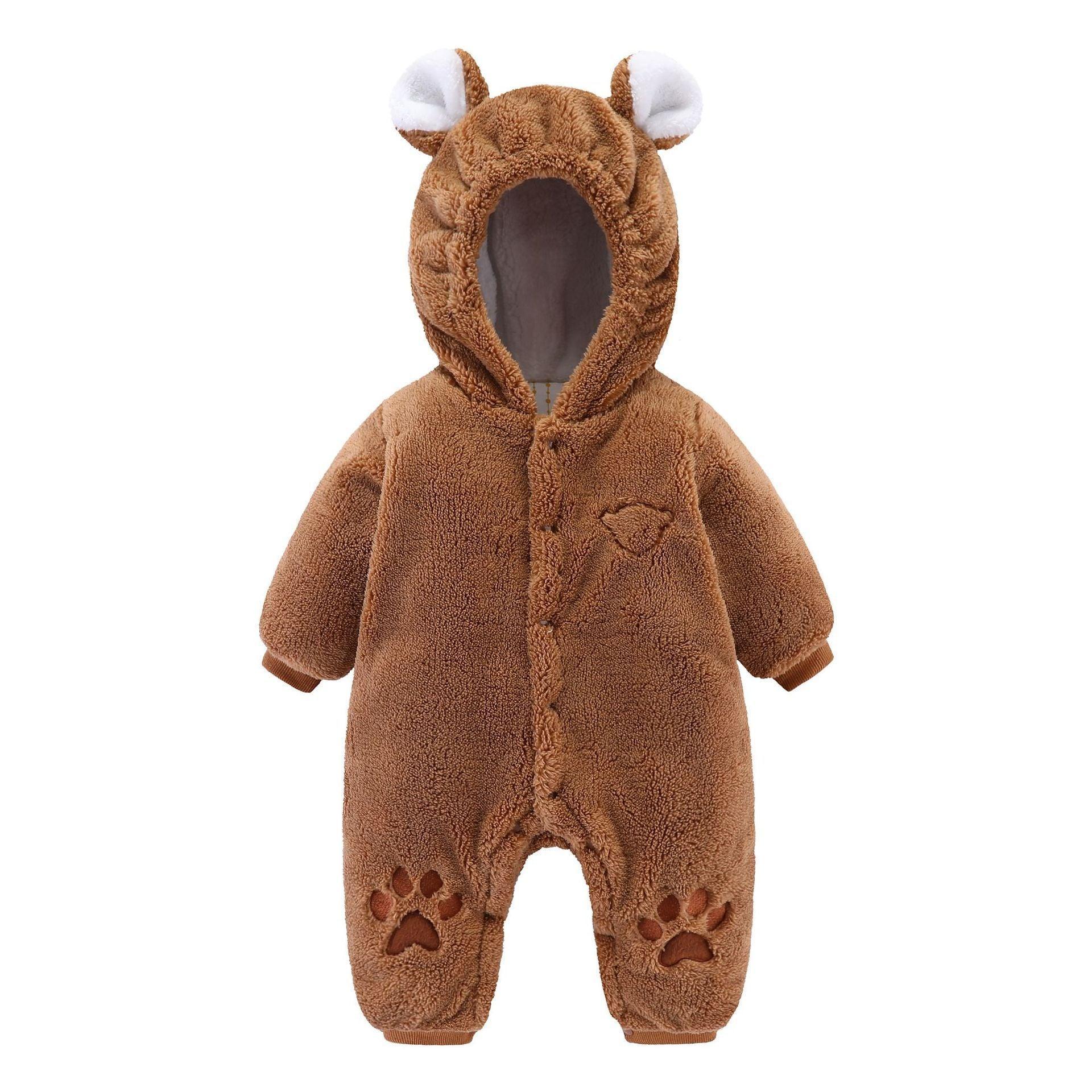 Brown fleece baby onesie with bear ears hood, paw print details, and relaxed fit
