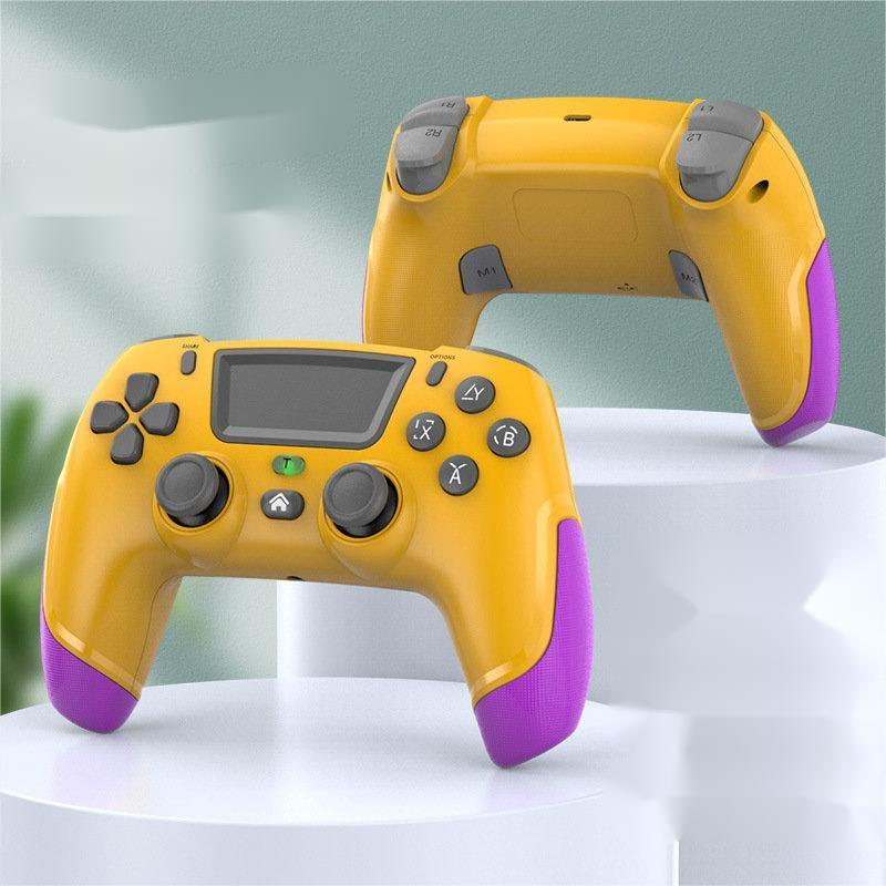 Yellow and purple wireless gaming controller with gray buttons on display stand