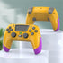 Yellow and purple wireless gaming controller with gray buttons on display stand