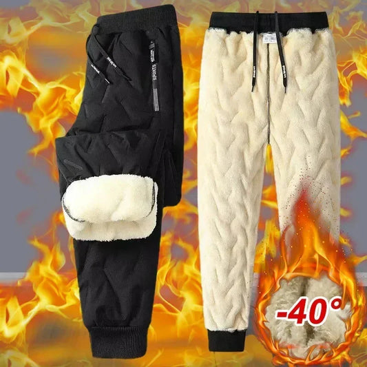 Warm fleece-lined jogger pants in black and beige, thick insulation, winter streetwear style