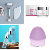 Facial skincare set with jade roller, gua sha stone, vitamin C cream, hyaluronic acid serum, and purple silicone cleansing brush.