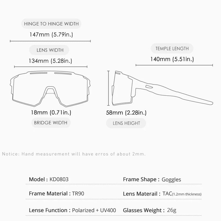 Technical diagram of oversized goggles with black TR90 frame, polarized UV400 TAC lenses, and measurements for lens width, bridge width, lens height, and temple length.