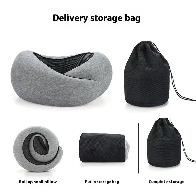 Gray ergonomic travel neck pillow with breathable mesh, shown rolled and stored in a black drawstring bag.
