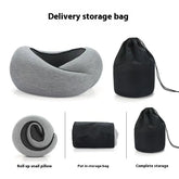 Gray ergonomic travel neck pillow with breathable mesh, shown rolled and stored in a black drawstring bag.