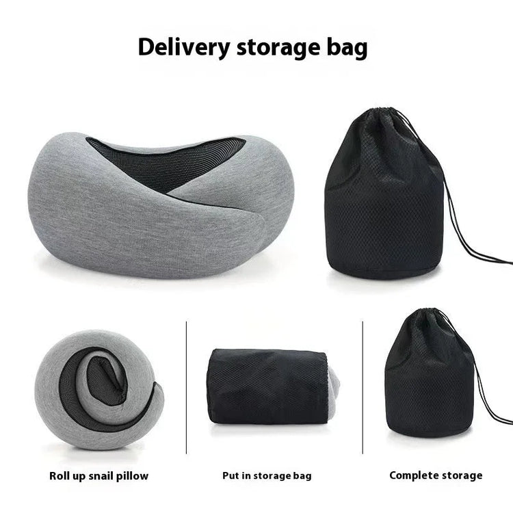 Gray ergonomic travel neck pillow with breathable mesh, shown rolled and stored in a black drawstring bag.