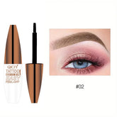 Eyebrow gel in sleek metallic tube and close-up of natural-looking, defined brown eyebrow makeup.