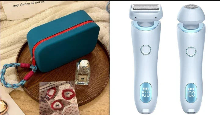 Light blue electric grooming device with detachable heads and teal zippered travel case
