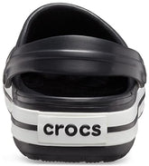 Black Crocs Unisex Crocband Clog rear view with white stripes and logo