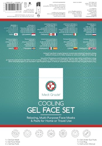 Medi Grade Cooling Ice Face Mask set with gel eye masks and cooling pads for puffy eyes, dark circles, and migraine relief, ideal for home and travel use.