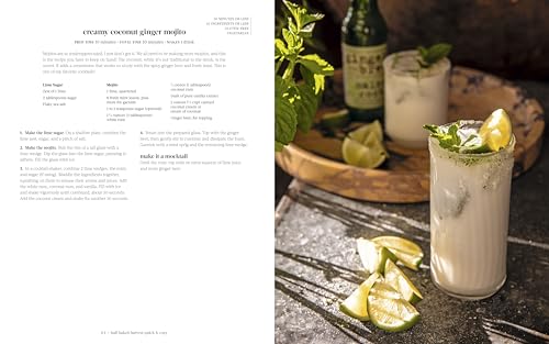 Half Baked Harvest Quick & Cozy cookbook open to coconut ginger mojito recipe with a creamy cocktail garnished with lime and mint on a rustic wooden table