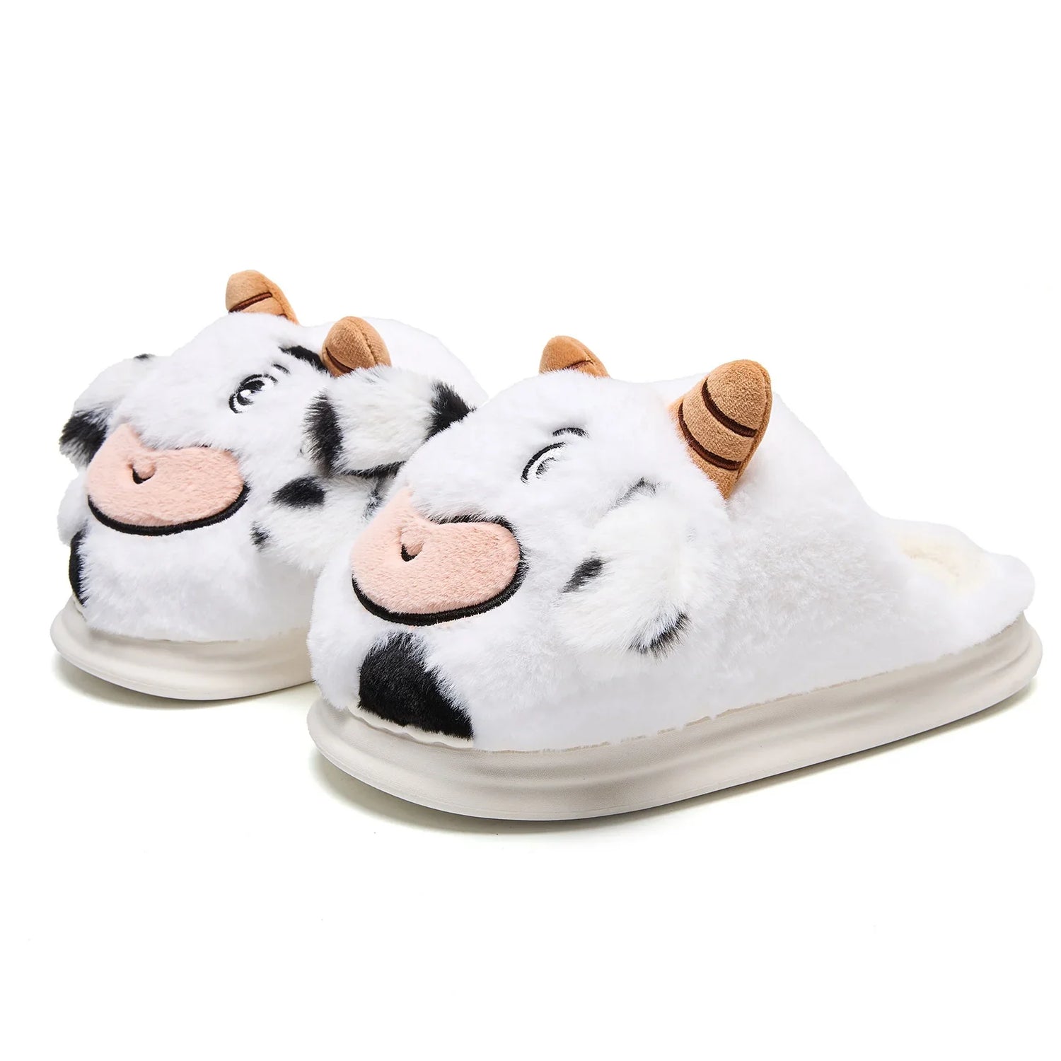 White plush cow slippers with black spots, cartoon face, round toe, cozy indoor footwear