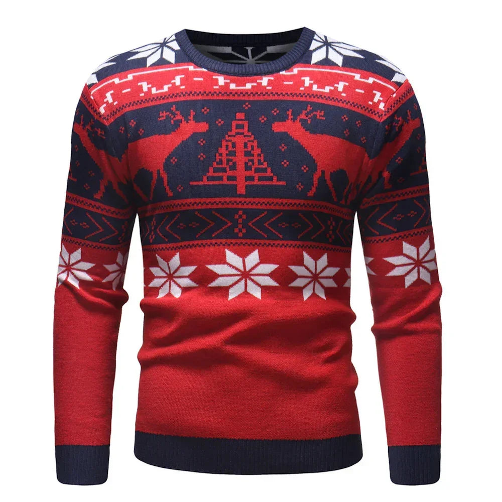 Red and navy long sleeve Christmas sweater with reindeer and snowflake pattern, regular fit.