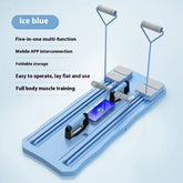 Ice blue multifunction foldable home workout equipment with handles, phone holder, and resistance bands for full body muscle training.