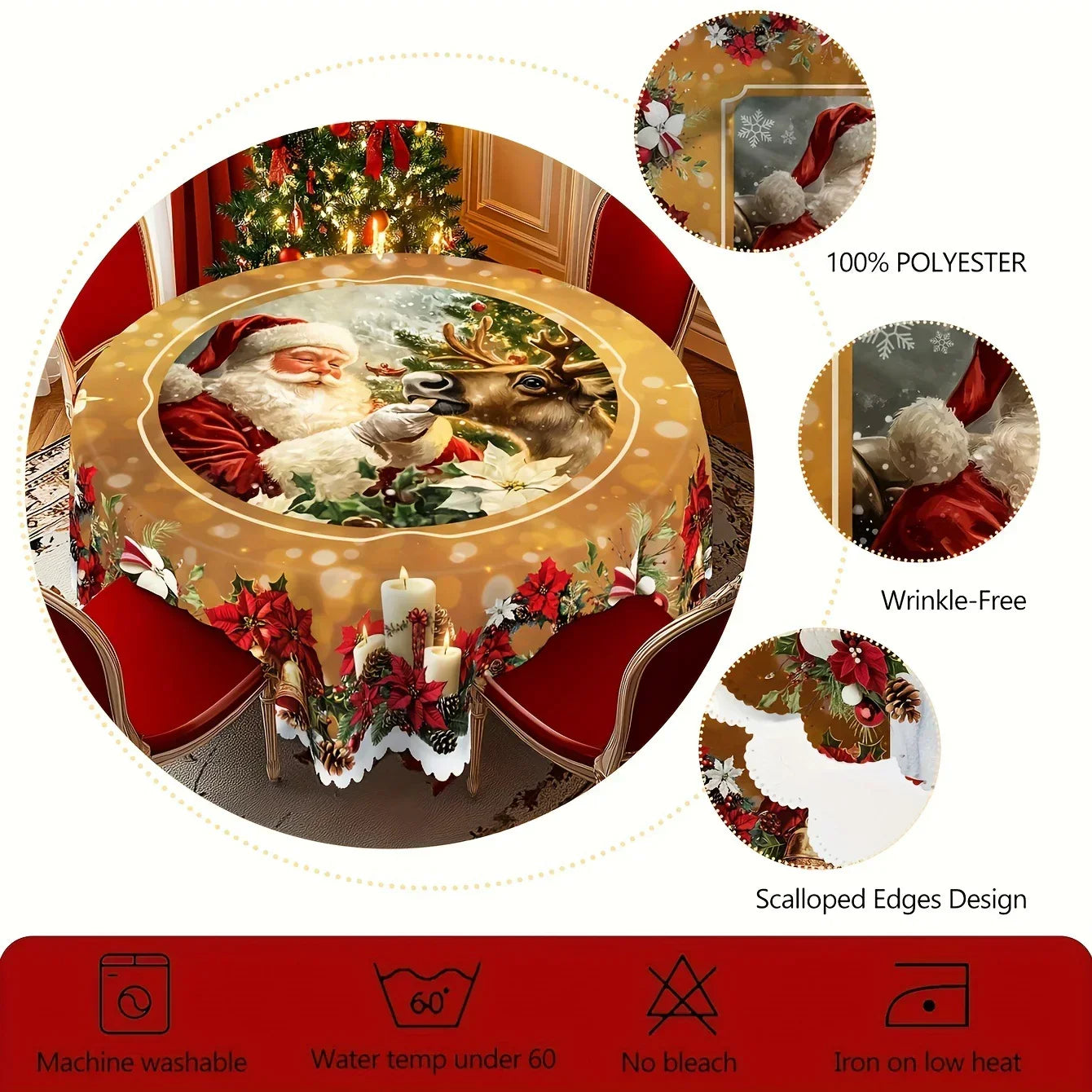 Round polyester Christmas tablecloth with Santa and reindeer print, scalloped edges, festive decor.