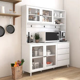 Modern white kitchen cabinet with glass doors, ample storage, and minimalist design