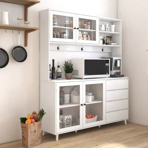 Modern white kitchen cabinet with glass doors, ample storage, and minimalist design