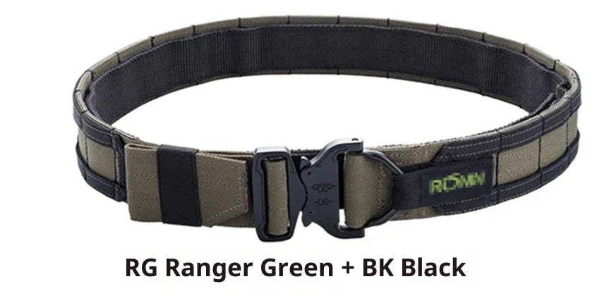 Tactical nylon belt in ranger green and black with quick-release buckle and MOLLE webbing.