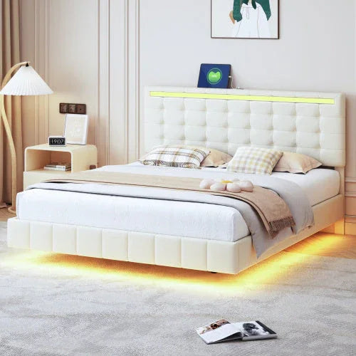 Modern light beige upholstered bed with LED lighting and plaid pillows in a minimal bedroom