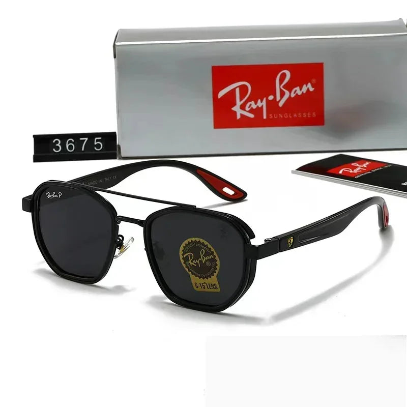 Black square-frame sunglasses with dark lenses and glossy finish, modern streetwear style