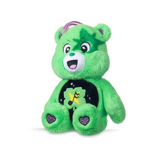 Green 14-inch Rock-a-Lot Good Luck Bear plush from Care Bears with musical four-leaf clover belly badge and star-shaped eye accents