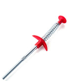 Metal and plastic spring grabber tool with red handle and push button on white background.