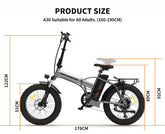 Silver electric fat tire bike with black accents, measured for adult sizing, outdoors.