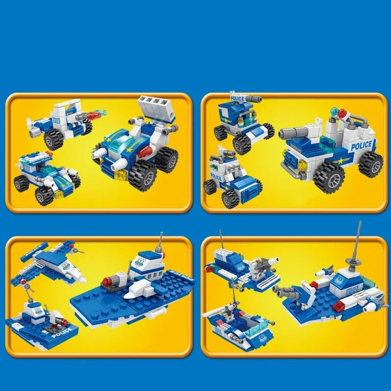 Blue and white toy police vehicle and aircraft building set on yellow background.