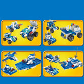Blue and white toy police vehicle and aircraft building set on yellow background.