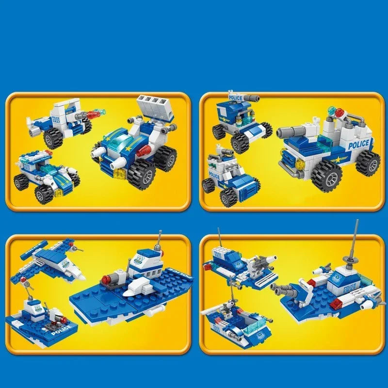 Blue and white toy police vehicle and aircraft building set on yellow background.