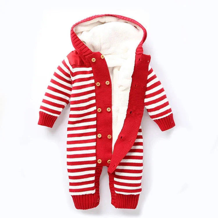 Red and white striped knit baby jumpsuit with hood, button front, and soft lining