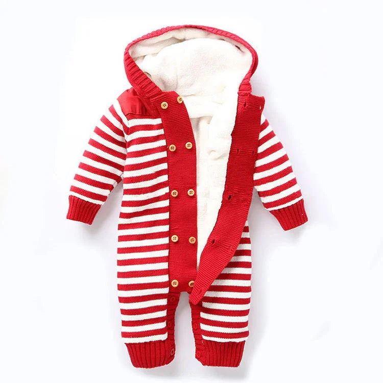Red and white striped knit baby jumpsuit with hood, button front, and soft lining