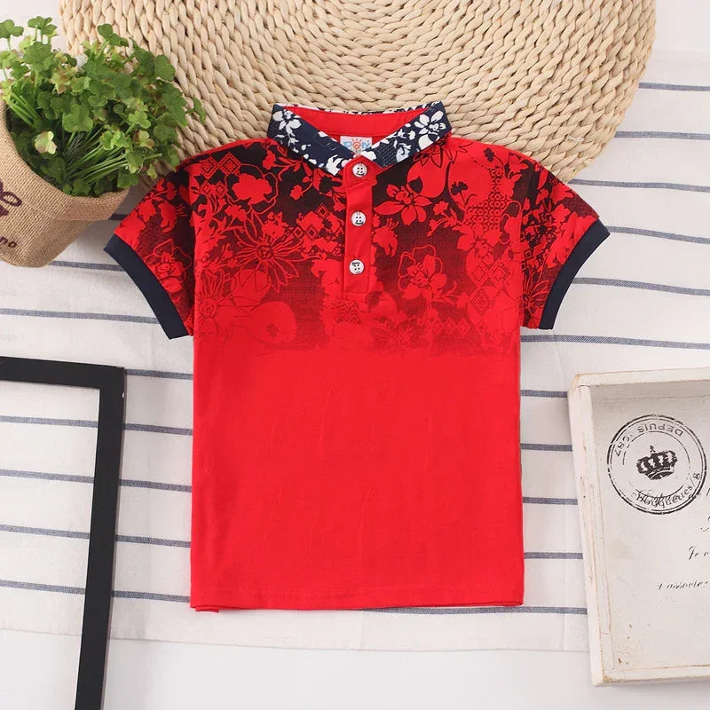 Red short sleeve polo shirt with floral print, navy trim, and decorative collar, cotton slim fit