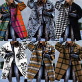 Women wearing oversized wool blend coats in assorted plaid, graphic, and houndstooth patterns, long fit.