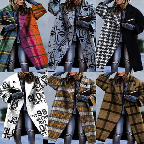 Women wearing oversized wool blend coats in assorted plaid, graphic, and houndstooth patterns, long fit.