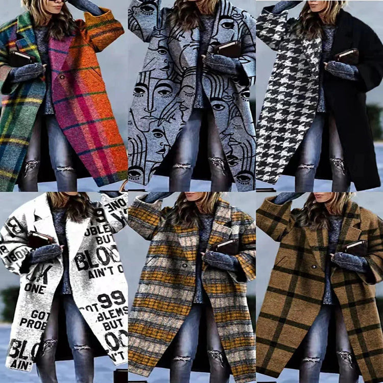 Women wearing oversized wool blend coats in assorted plaid, graphic, and houndstooth patterns, long fit.