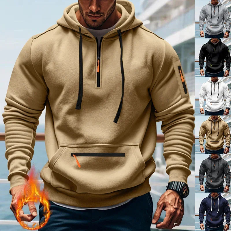 Men’s beige zip-up hoodie with drawstrings, front kangaroo pocket, and slim athletic fit; shown in multiple colors.