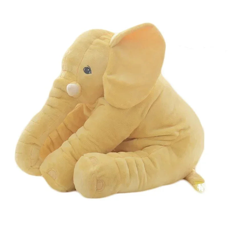 Yellow plush elephant toy with soft fabric and realistic details, sitting pose