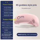 Pink futuristic massage eye mask with adjustable elastic band, foldable design, control buttons, and Bluetooth capability, set against a neutral background.
