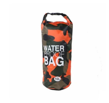 Orange and black camouflage waterproof bag with roll-top closure, durable material, 10L capacity