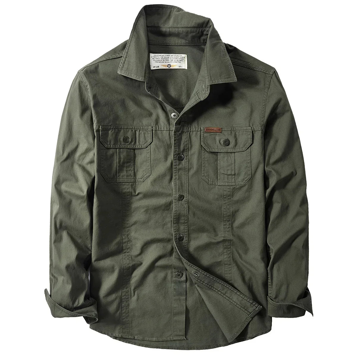 Olive green cotton button-up shirt with long sleeves and chest pockets, regular fit