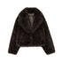 Dark brown faux fur jacket with wide collar, long sleeves, and relaxed fit
