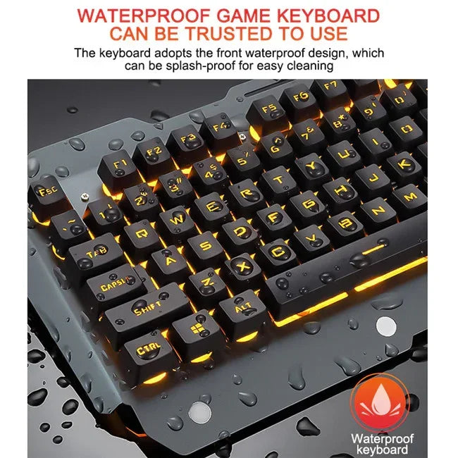 Black mechanical gaming keyboard with orange backlight and waterproof design, water droplets visible.