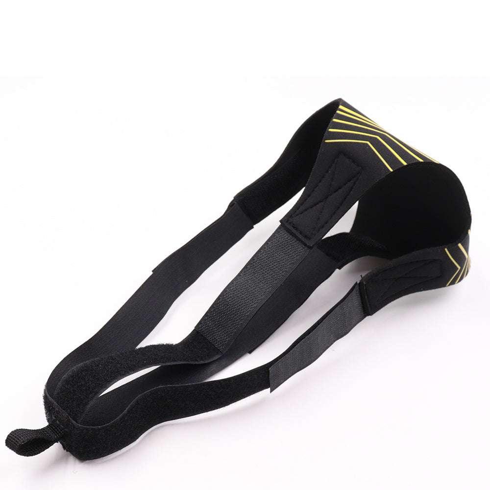 Black adjustable posture corrector with yellow stripe accents, elastic fabric, ergonomic fit
