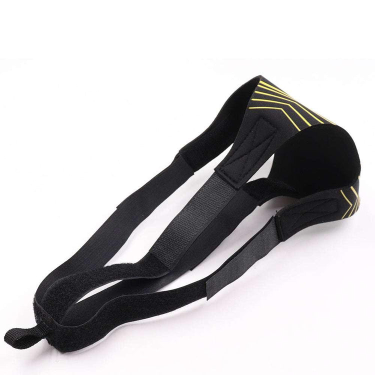 Black adjustable posture corrector with yellow stripe accents, elastic fabric, ergonomic fit