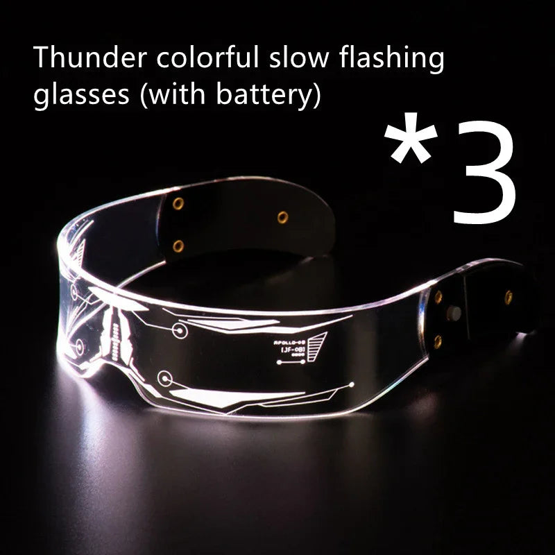 Futuristic clear LED visor glasses with slow flashing lights, techwear accessory, unisex fit