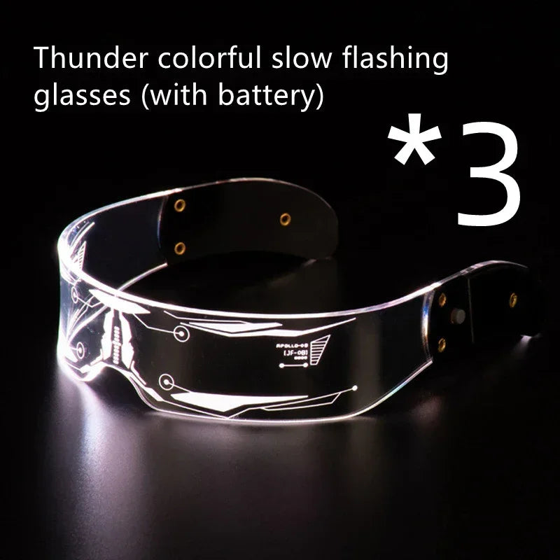 Futuristic clear LED visor glasses with slow flashing lights, techwear accessory, unisex fit