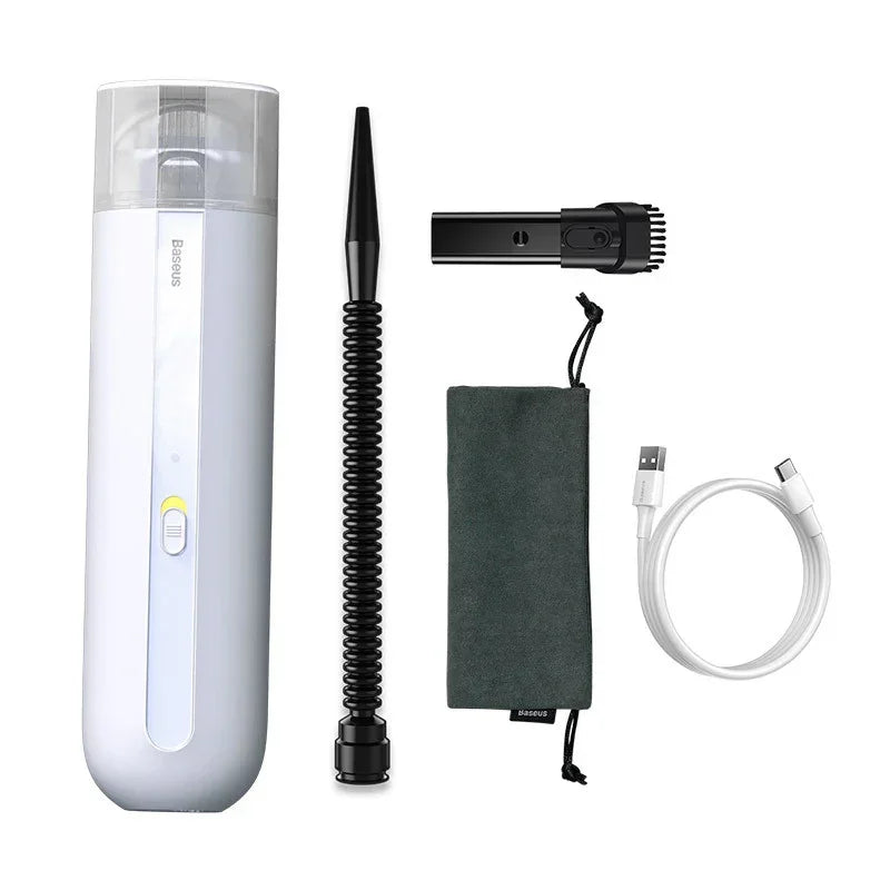 White portable handheld vacuum set with nozzle, brush attachment, USB cable, and carrying pouch
