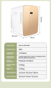Compact white and gold mini fridge with digital display, ABS material, measured dimensions shown.
